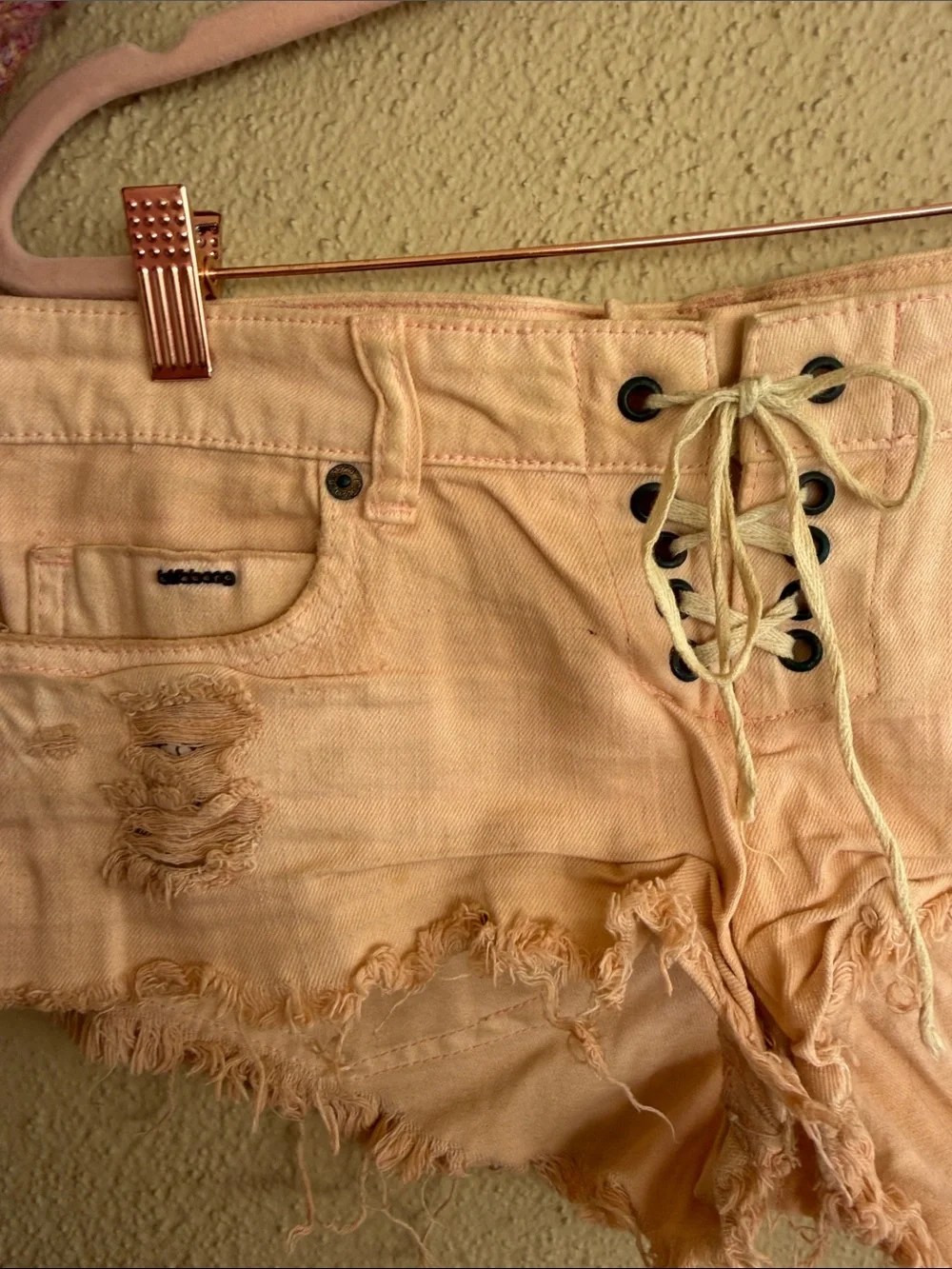 Peach Pink Lace-Up Distressed festival Denim Shorts - Picture 4 of 6